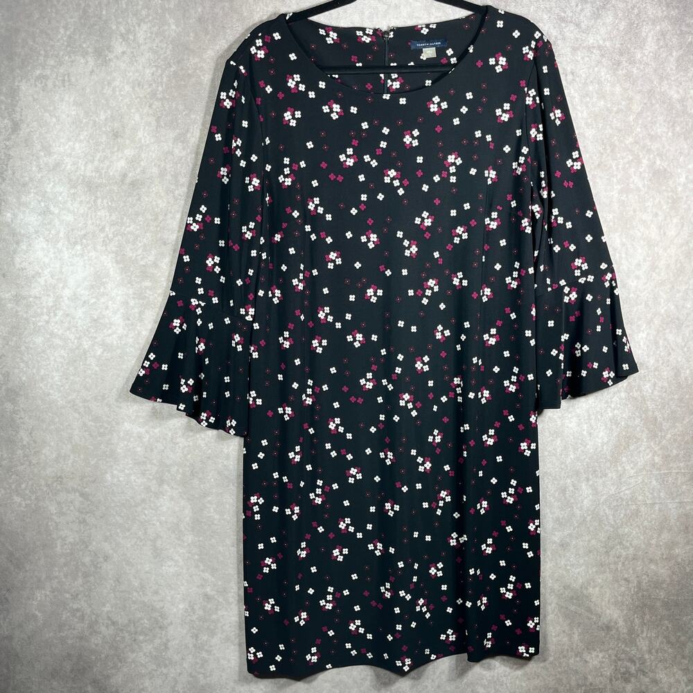 Tommy Hilfiger Dress Womens 16 Black Floral Knee Length Ruffle Shift Career Work
